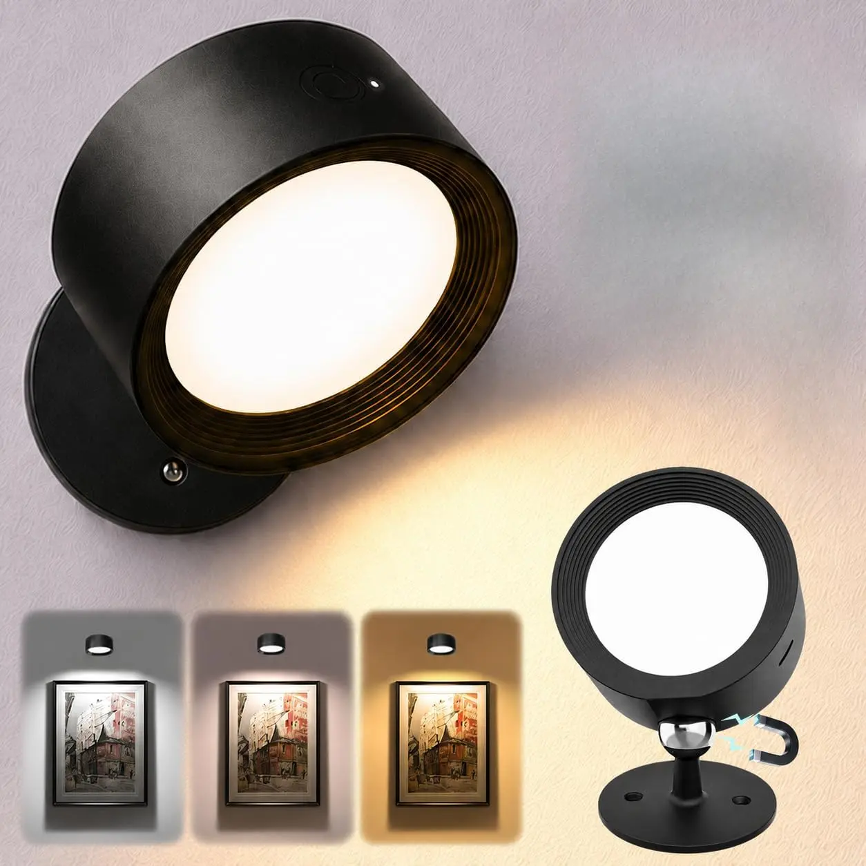 2 Pcs Rechargeable LED Wall Mounted Sconces - Touch Control, 3 Color Temperatures, Dimmable LED Lights, 360° Rotatable Bedside Reading Lamps for Bedroom