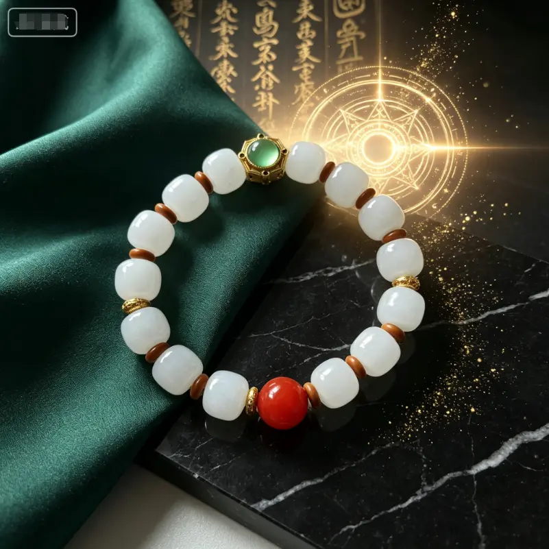 Exquisite White Jade Taoist Bracelet, High Quality Beaded Amulet with Red Agate, Grape Stone & Gold Plated Accents, Exquisite Bracelet, High Quality Bracelet