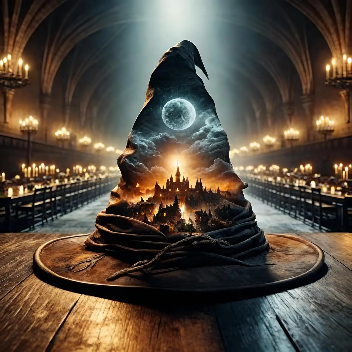 5D Full Drill Diamond Painting, Mystic Wizard Hat With Glowing Castle & Full Moon Inside Vintage Candlelit Hall Fantasy DIY Wall Art