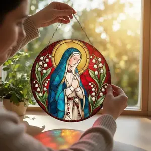 Virgin Mary Stained Glass Suncatcher, Lily of the Valley Religious Window Hanging, Catholic Home Decor, Gift for Mom, Baptism Confirmation