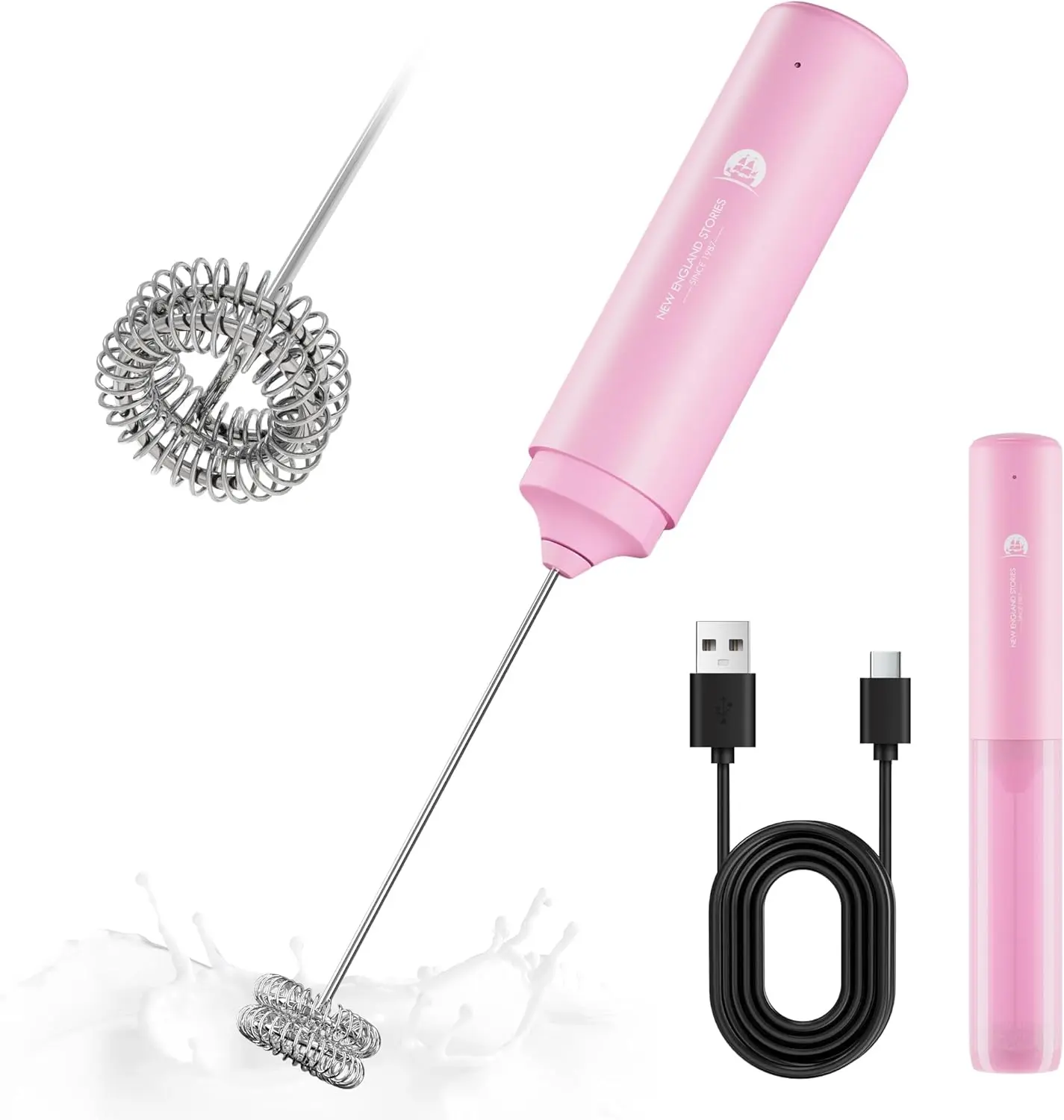 New England Stories Cordless Rechargeable Handheld Milk Frother, Dual-Whisk Electric Drink Mixer, Coffee & Tea Accessory for Foam Making, Portable & Powerful Kitchen Appliance, Cordless Milk Frother, Frother Handheld Rechargeable summerwins