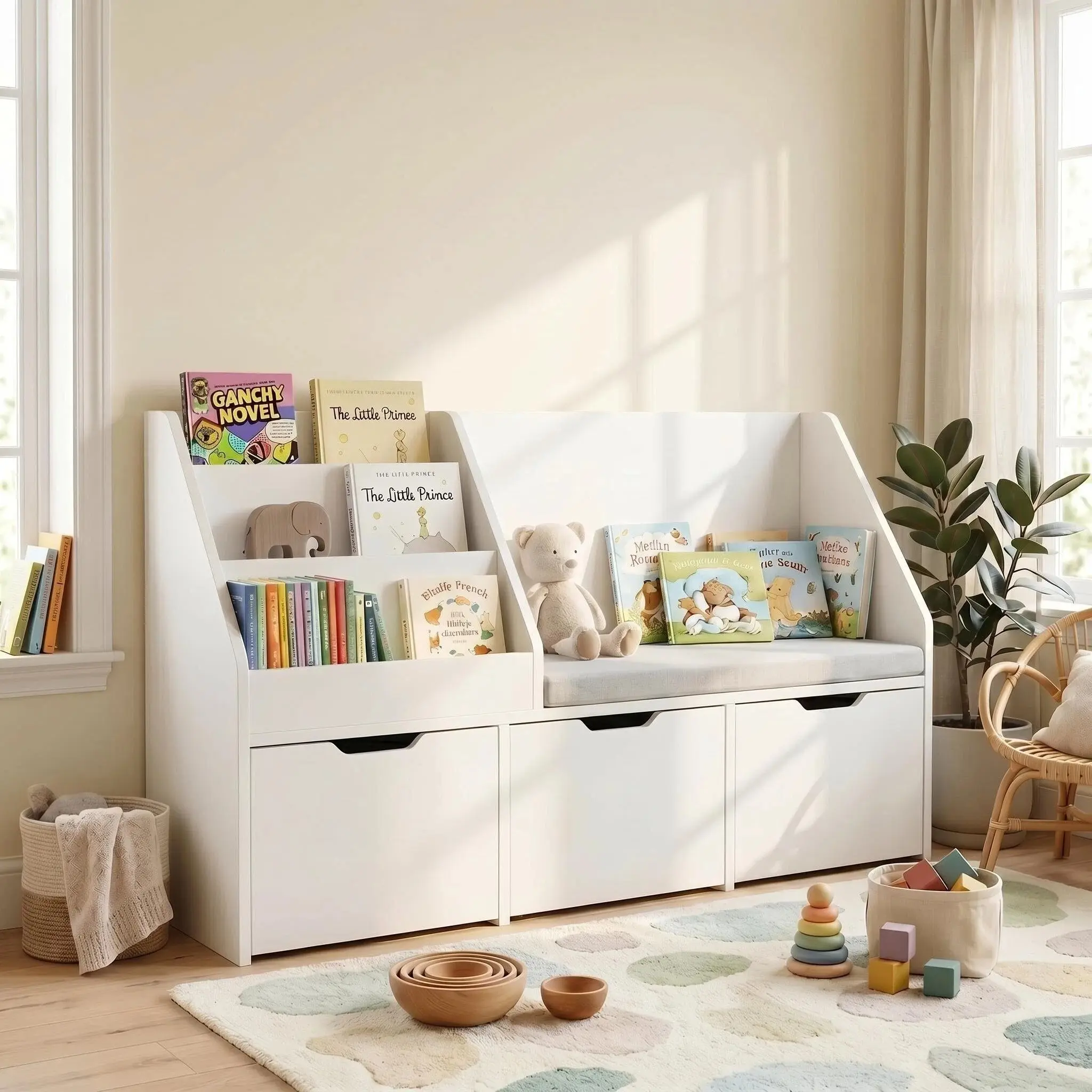 DAYAGO Kids' Indoor Furniture Bookshelf Rack - Sturdy Reading Nook with Soft Cushion, 3-Tier Built-In Shelving Cabinets, 3-Drawer Storage with Hidden Wheels, Tidy Toy & Book Organizer (Racks & Shelves), Tidy Toy Shelves