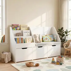 DAYAGO Kid's Bookshelf with Reading Nook, Soft Cushion, 3-Drawer Storage with Hidden Wheels and 3-Tier Shelves for Toys and Books
