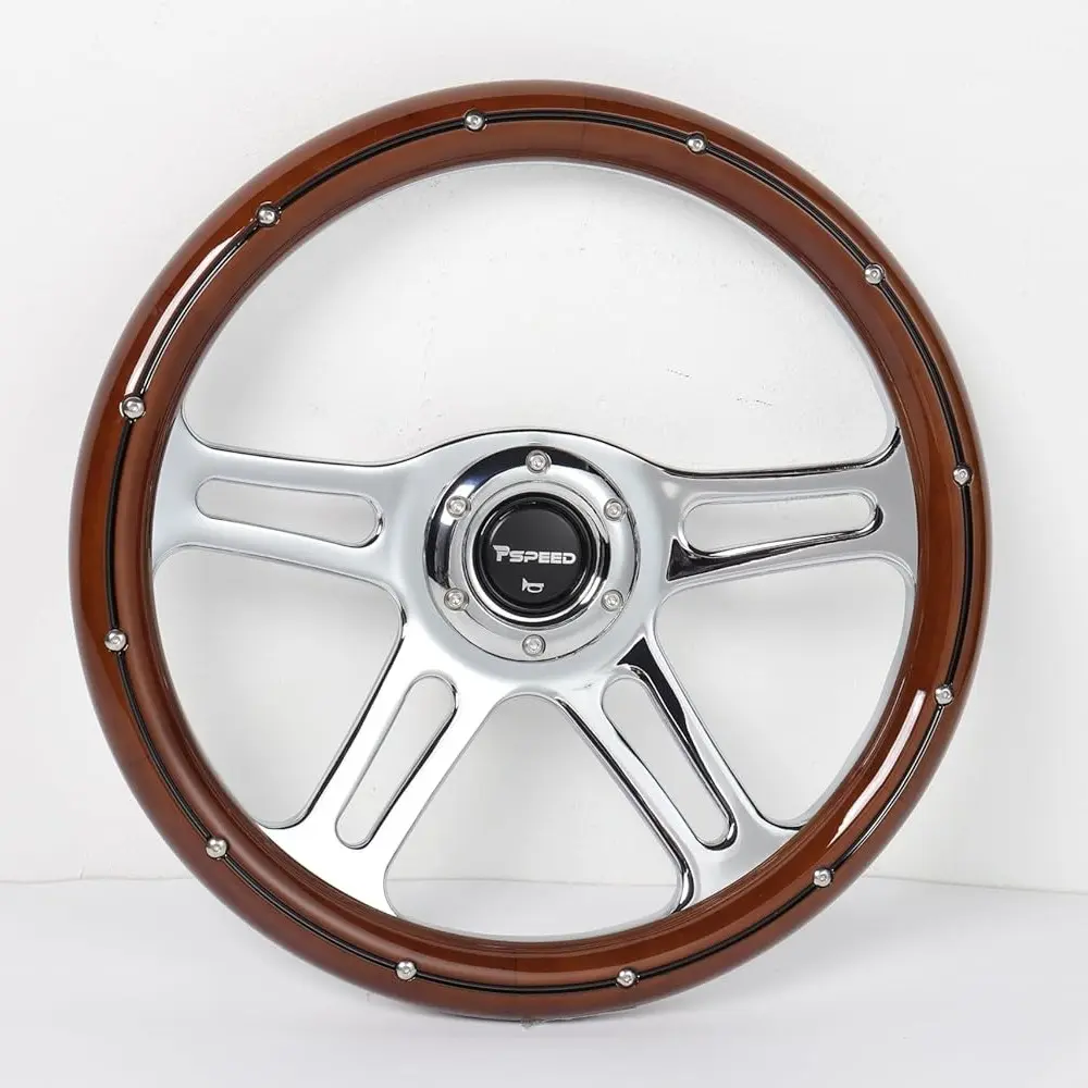 14 inch Mahogany Solid Wood Steering Wheel ,6 Bolt 4 Spoke Chrome Aluminum Vintage Wood Grain Steering Wheel with Horn Button for Vintage Car, for Cars,for Racing for Classic Car Steering Wheel