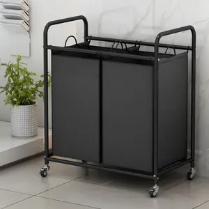 Laundry Sorter Basket 2 Bag Laundry Hamper Cart with Rolling Lockable Wheels and Removable Bags Laundry Organizer Cart for Clothes Storage, Black Easy Multifunctional
