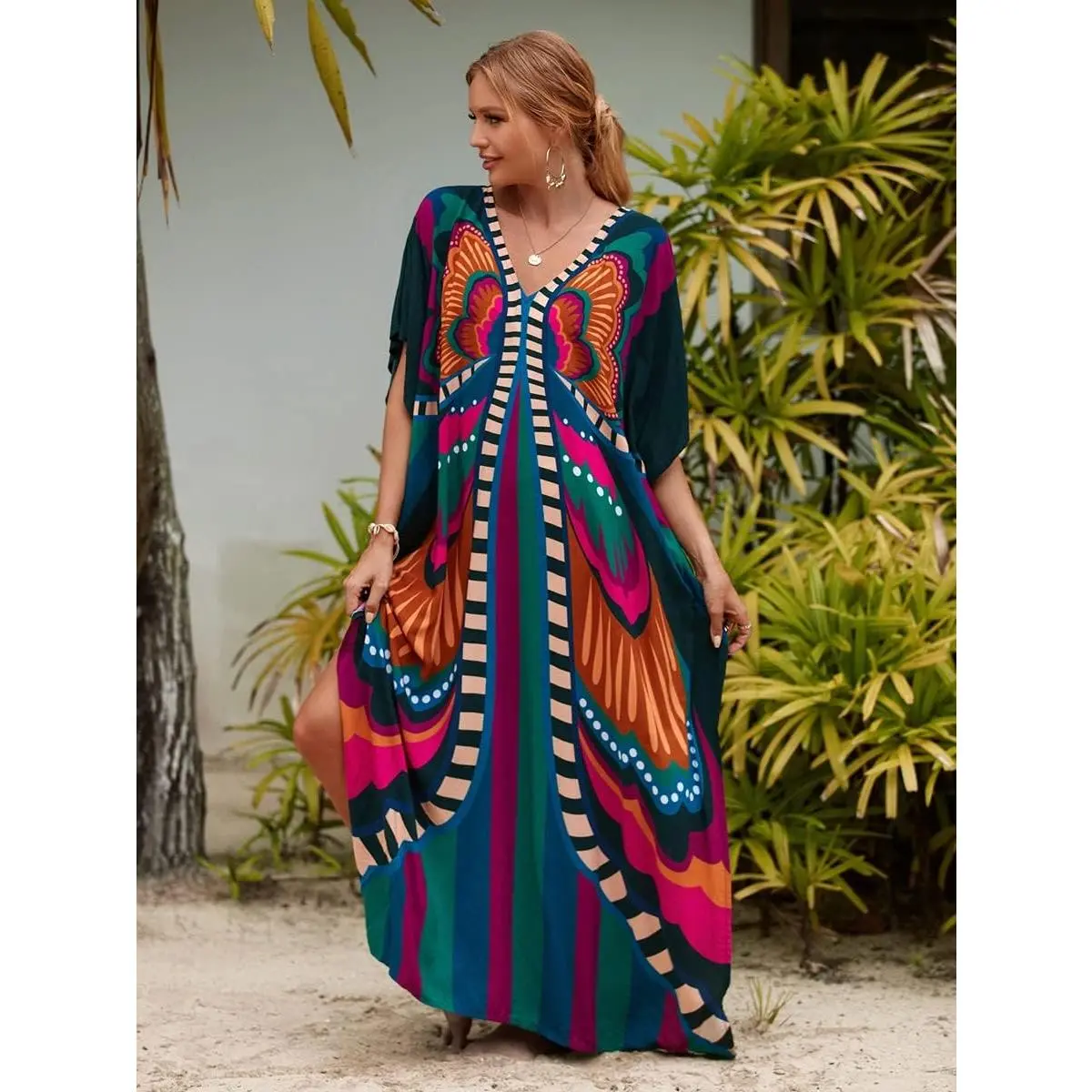 Women's Plus Size Tie Dye Butterfly Caftan - 3/4 Batwing Sleeve Moroccan Viscose Blend Maxi Dress Outfits, Lightweight Casual Loungewear, Machine Washable Tie Dye Kaftan