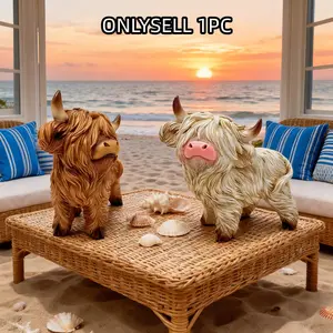 1PC Adorable Scottish Highland Cow Resin Statue, Realistic, Perfect for Home Decor, Living Room Decoration, Indoor or Outdoor Use, Unique Gift for Couples, Desk Ornament, Natural, Rustic Style