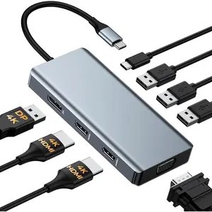 USB C Docking Station Dual  Adapter, 8 in 1 Laptop Docking Station 3 Monitors Quadruple Display USB C Hub Dongle to 4K HDMI+DP+VGA