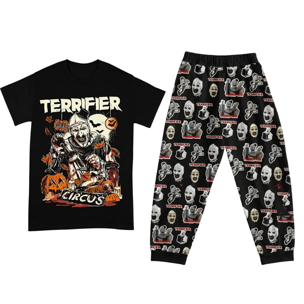 Terrifier T-Shirt Pajama Set, Art the Clown Circus Pumpkin Halloween Horror Graphic Design, Gift for Movie Fans