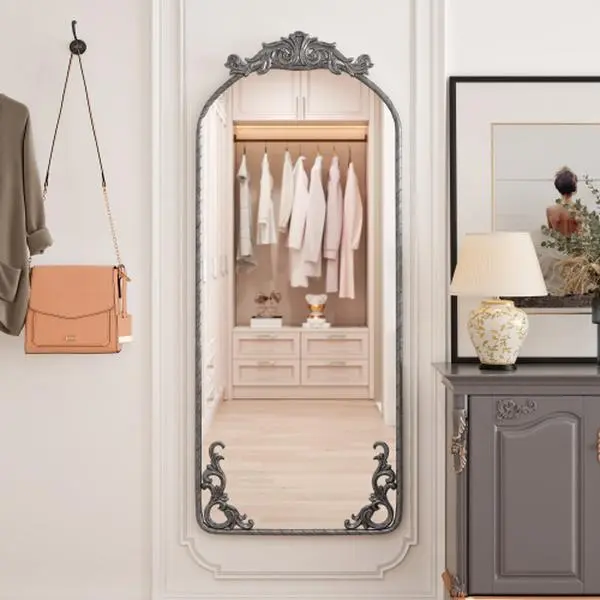 58"x24" Vintage Arched Full Body Mirror with Ornate Carved Top & Bottom, Wall Mounted Large Dressing Mirror for Bedroom, Living Room – Antique Silver Frame