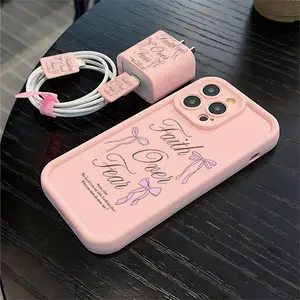 5-Piece Set Featuring A Pink Bow Text Pattern Phone Case + Charger Head Cover + Cable Protector + Storage Strap TPU Shockproof Case For iPhone 11/12/13/14/15/16/17 Pro Max.