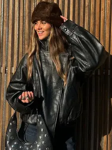 Faux Leather Stand Collar Oversized Moto Jacket, Elastic Hem Streetwear, Casual Long Sleeve Water- and Wind-Resistant Outerwear for Spring & Fall, Ladies Clothes for Daily Wear, Chic Outerwear, Womenswear Coats