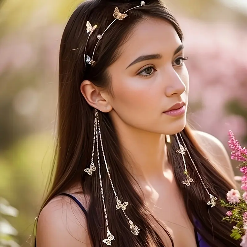 1pc Elegant Faux Pearl & Butterfly Tassel Headband - Non-Slip Fashion Hair Accessory for Women, Alloy Material, Stylish Long Hair Band with Decorative Elements, Pearl Headband