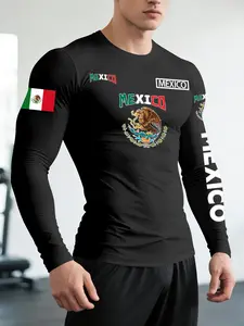 Men's Mexico Emblem Long Sleeve T-Shirt, Casual Spring & Fall Fashion, Casual Sports Tops, Comfortable Sportswear, Gym Tees, Athleisure Tee, Letter Pattern, Fitted Style