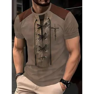 SlightStretchPolyesterKnitFabricMen'sFashionCasualCrewNeckT-ShirtwithGeometricPattern