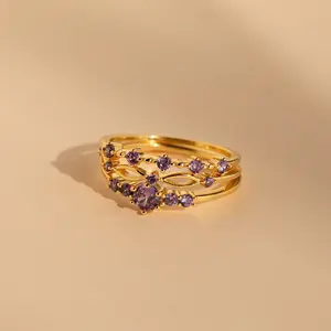 Amethyst Stacking Ring Set by Caitlyn Minimalist - Dainty Purple Gemstone Rings in Gold - Amethyst Birthstone Jewelry - Birthday Gift for Wife