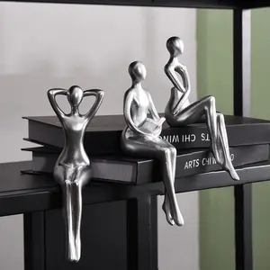 X-SO61 Thinker Statue Office Desk Decor, Silver Art Sculpture Ornament Coffee Table Bookshelf Decor Modern Home Unique Home Decorations for Living Room 3 Piece Cabinet Gifts