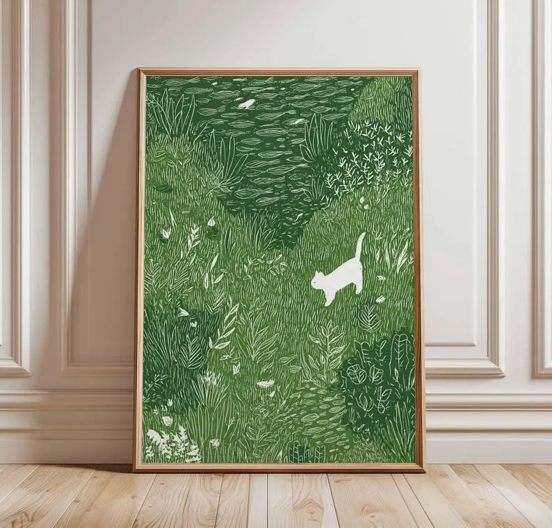 White Cat in Meadow Poster, Whimsical Animal Wall Art, Nature Grass Field Print, Playful Cat Illustration Decor