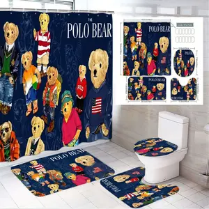1/4pcs The Polo Bear Bathroom Set - Dark Blue Shower Curtain with Bear Illustrations (Striped Shirts, Casual Attire), Matching Toilet Seat Cover & Bath Mat, Home Decor for Playful Themed Bathrooms, Shower Curtain Sets