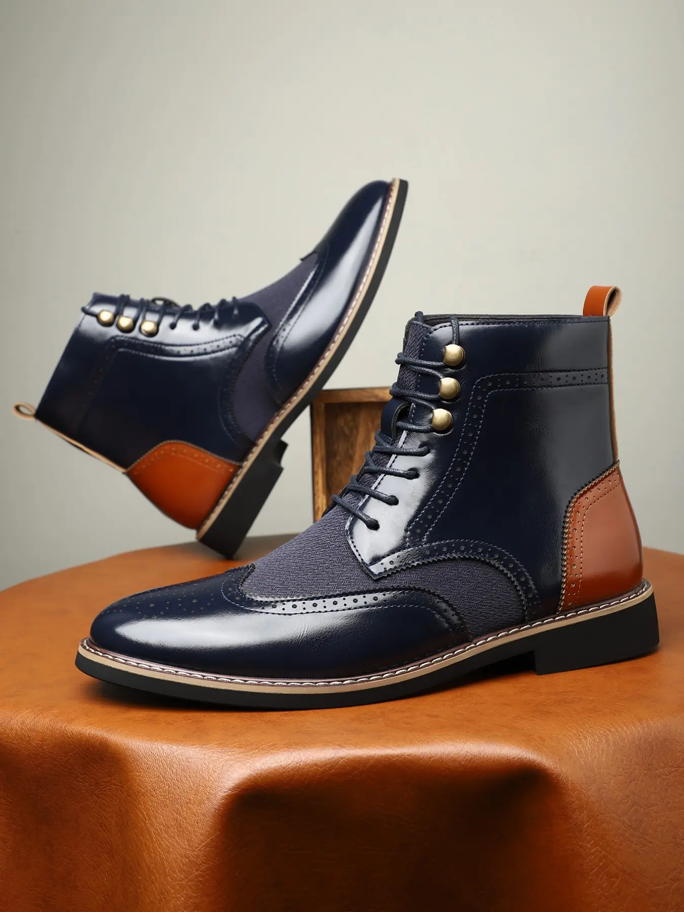 Men's Colorblock Block Heel Round Toe Boots, Lace Up Boots, Casual High-Top Shoes for Daily Wear, Comfortable Classic Fashion Footwear for Men