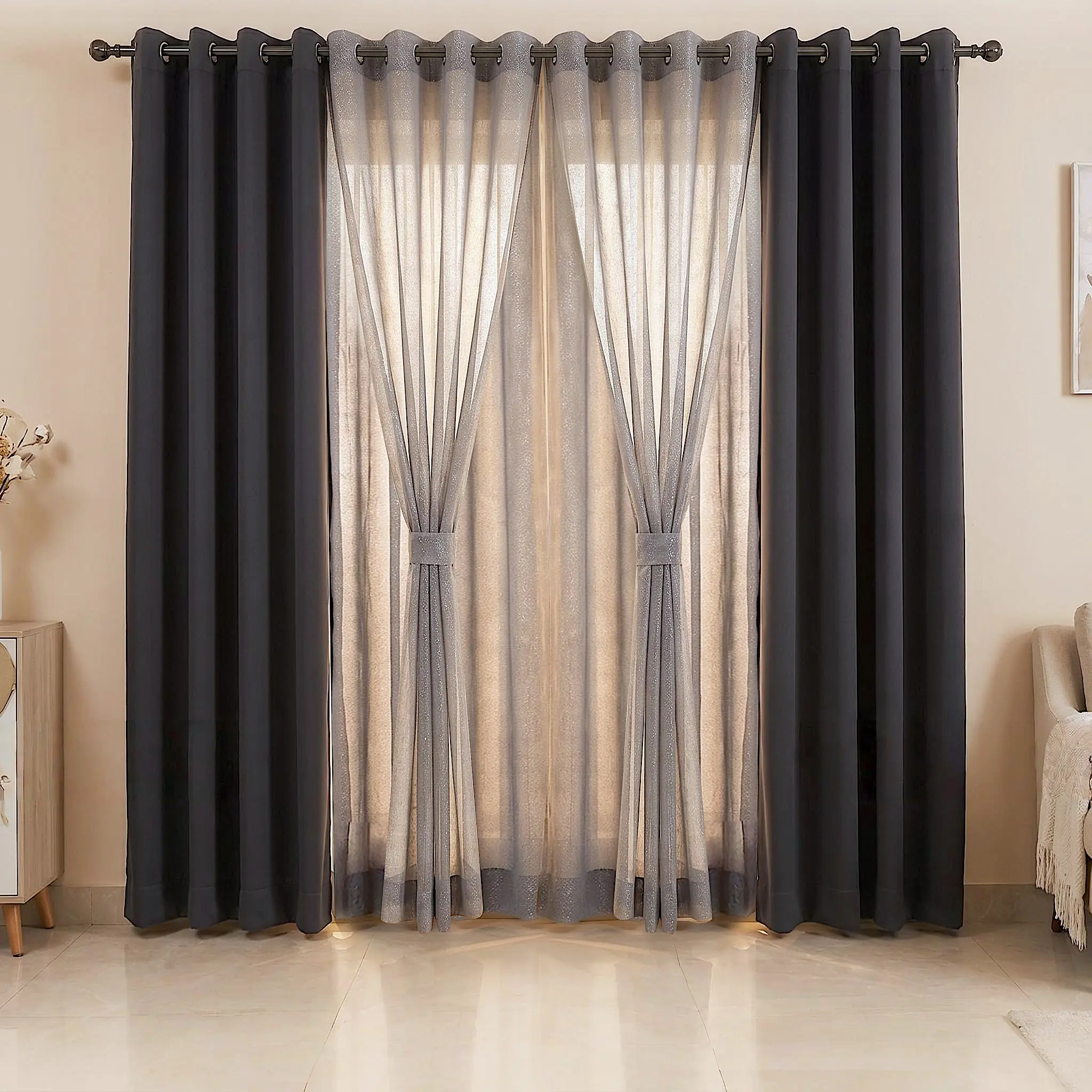 6 PANELS 54"X84"Comdination Grommets Curtains Including: 2 Panels Solid Full Blackout Curtain & 4 Panels Foil Silver Metallic Doli Sheer Curtain QF222 L28 Summer gift #SummerVibes blacking apartment Holiday Scene reduction noise