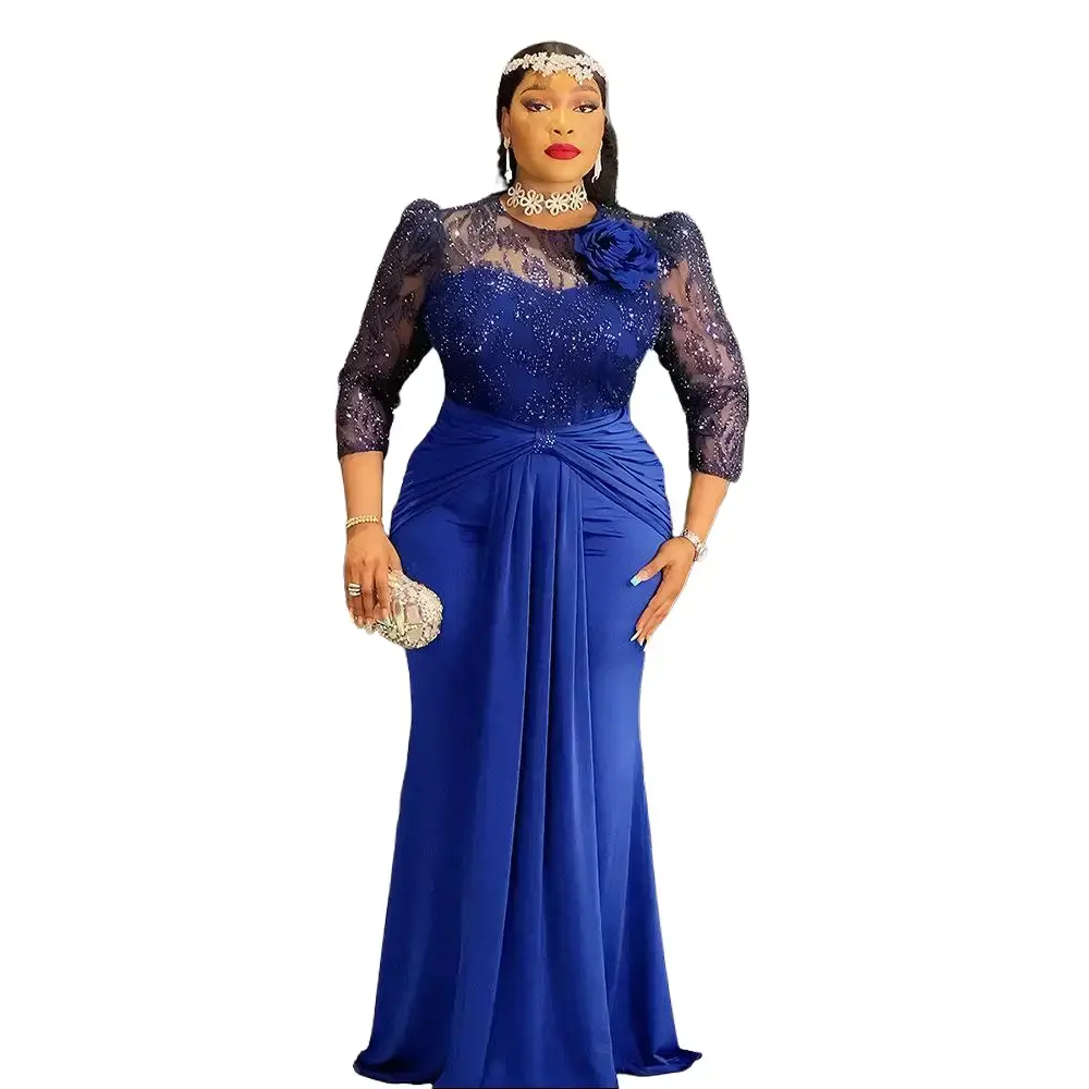 Women's Curvy Fit Plus Size Formal Evening Dresses - Long Sleeve Polyester African Kaftan, Maxi/Full Length Plain Sequin Tiered Below-Ankle Gown with Matching Metallic Occasion Purse