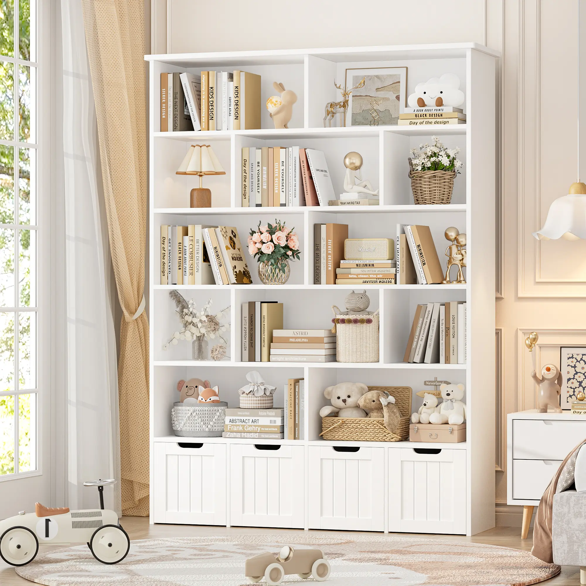 FOTOSOK Bookshelf and Bookcase with 4 Movable Drawers, Toy Organizer with Hidden Wheels and 12 Open Cubbies, Tall Bookshelf Large Open Book Shelf Standing Book Case for Home Office