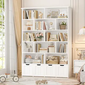 FOTOSOK Bookshelf and Bookcase with 4 Movable Drawers, Toy Organizer with Hidden Wheels and 12 Open Cubbies, Tall Bookshelf Large Open Book Shelf Standing Book Case for Home Office