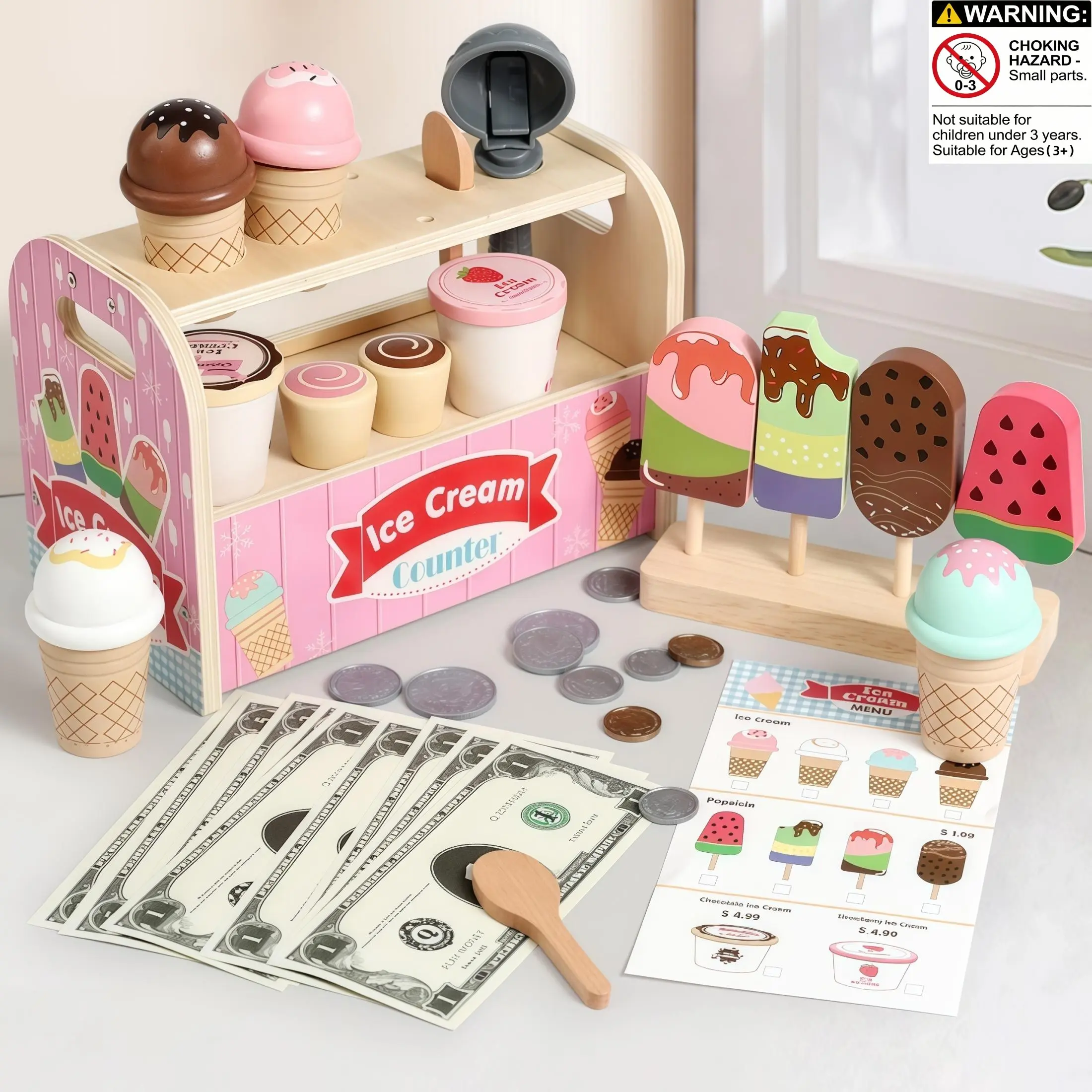 Wooden Ice Cream Shop Toy Set, Detachable Dual-Layer Shelves, Multiple Ice Cream Models, Role-Playing Toy for Kids, Pretend Play Set, Kid Playset, Birthday Gift