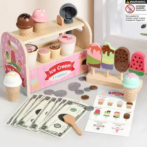 Wooden Ice Cream Shop Toy Set, Detachable Dual-Layer Shelves, Multiple Ice Cream Models, Role-Playing Toy for Kids, Pretend Play Set, Birthday Gift