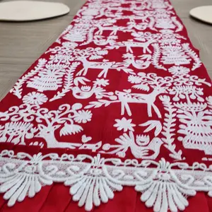 Zericago 100% Linen Red & White Embroidered Table Runner — Christmas Holiday Festive Decor, 67" × 14"