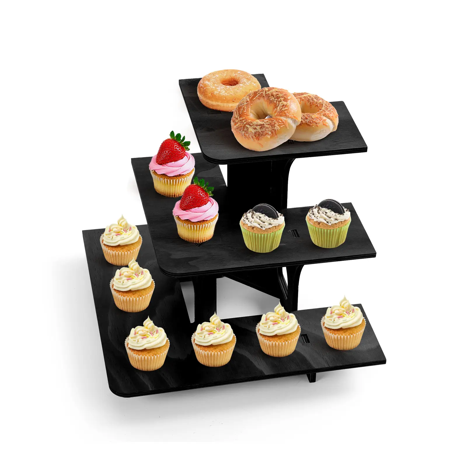 BEKRVIO-3-Tier Heavy-Duty Wooden Display Stand 3pcs, Portable Multi-Tier Table Shelf with Corner Shelves, Walnut Color for Retail, Trade Shows, Craft Shows, Farmers Market, Ideal as Cake Stand, Counter Exhibit, Storage Rack & Product Display Stand