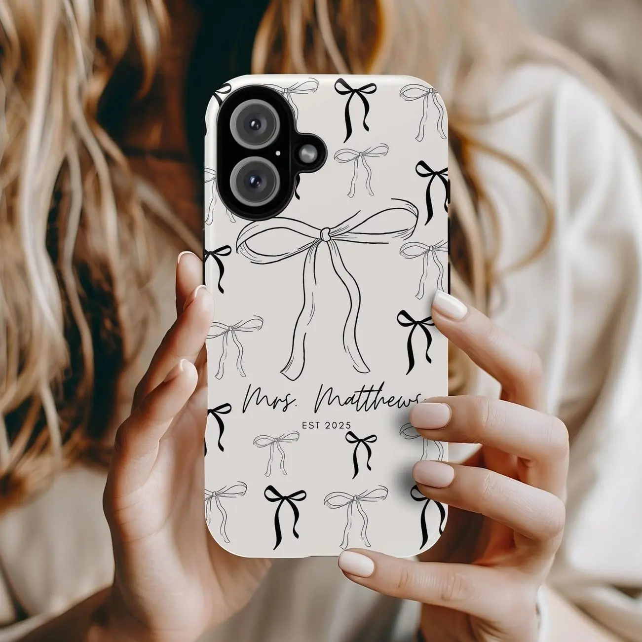 Custom Unique Gift for Bride iPhone 16 case, Mrs Engagement Gift, Coquette bow Engaged Bridal Shower, Bride to Be Personalized Wedding Gift