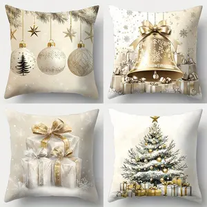 4pcs, Festive Christmas Throw Pillow Covers, Golden Bell, Snowflakes, Boxes & Tree Design, Seasonal Decor for Sofa or Chair, Holiday Decorations, Winter Wonderland Theme, Single Sided Printing, No Pillow Core