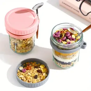 2 Pcs 16oz Overnight Oats Containers with Lids Spoons Leakproof Glass Mason Jars for Oatmeal Yogurt Cereal Fruit Salad Milk Portable Breakfast Cups for School Office Camping Travel Dishwasher Safe BPA-Free Great for Fathers Day Christmas New Year Gifts