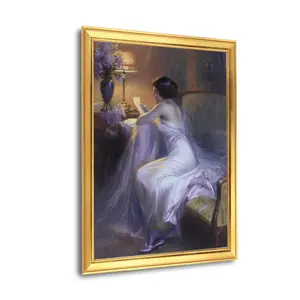 Gold-plated plastic-steel picture frame with synthetic fiber canvas and pine inner frame, featuring polystyrene PS decorative trim for interior design.