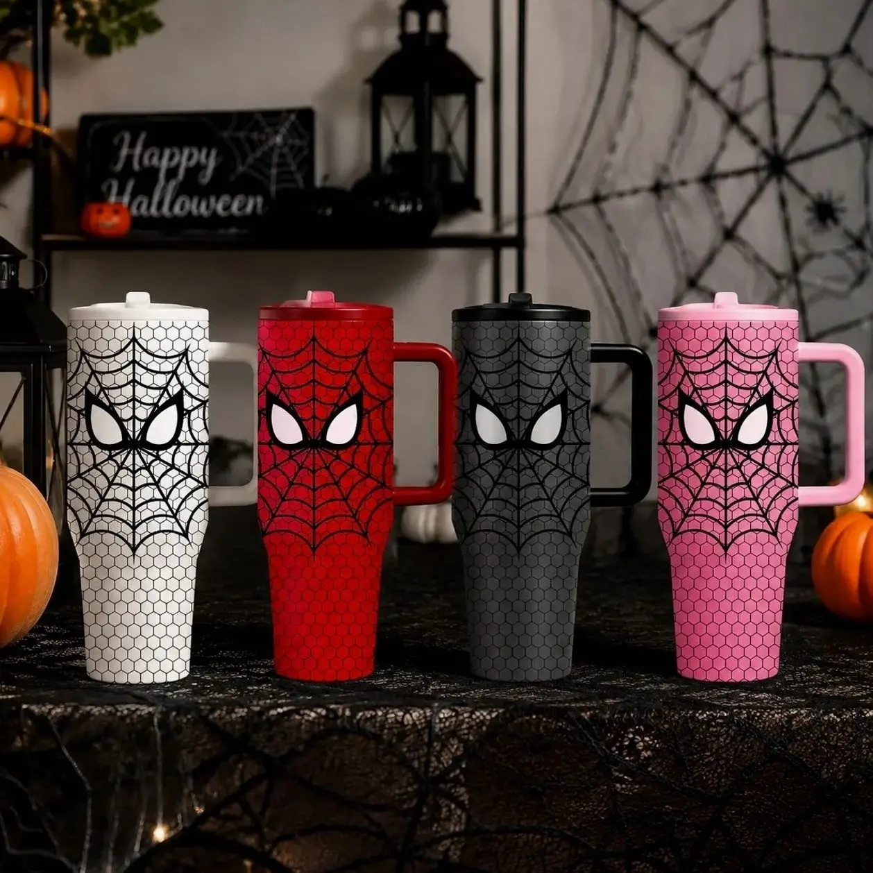1PC 40oz Sp1derWeb Tumbler with Handle, Stainless Steel Insulated Travel Cup, Double Wall Vacuum Mug, Leak Resistant Lid, Keeps Cold 24H Hot 12H, Cute Halloween Gift for Women, Spooky Season Coffee Cup