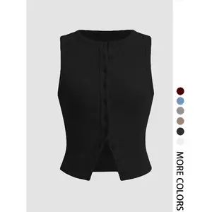 Women's Plain Button Front Ribbed Crop Tank Top, Casual Sleeveless Round Neck Top for Daily Wear, Ladies Clothes for All Seasons