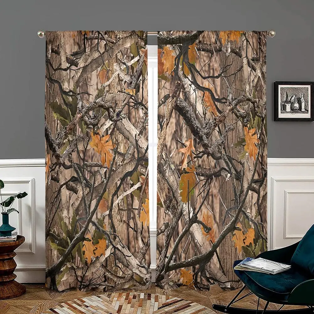 Camouflage Pattern Window Curtain, 2 Counts Modern Rustic Forest Camouflage Printed Curtain, Home Decor for Living Room Bedroom Balcony Kitchen Study Room