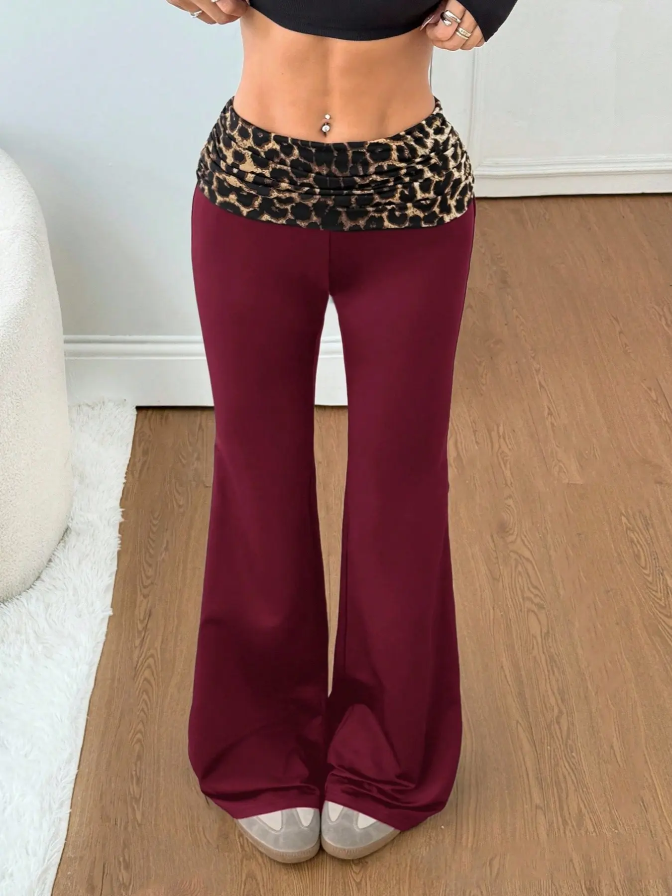Trendy Colorblock Leopard Print Bell Bottoms Slim Fit Soft Lightweight Women's Pants, Casual Fashion Trousers, Casual Yoga & Sportswear Essential for All Seasons Womenswear