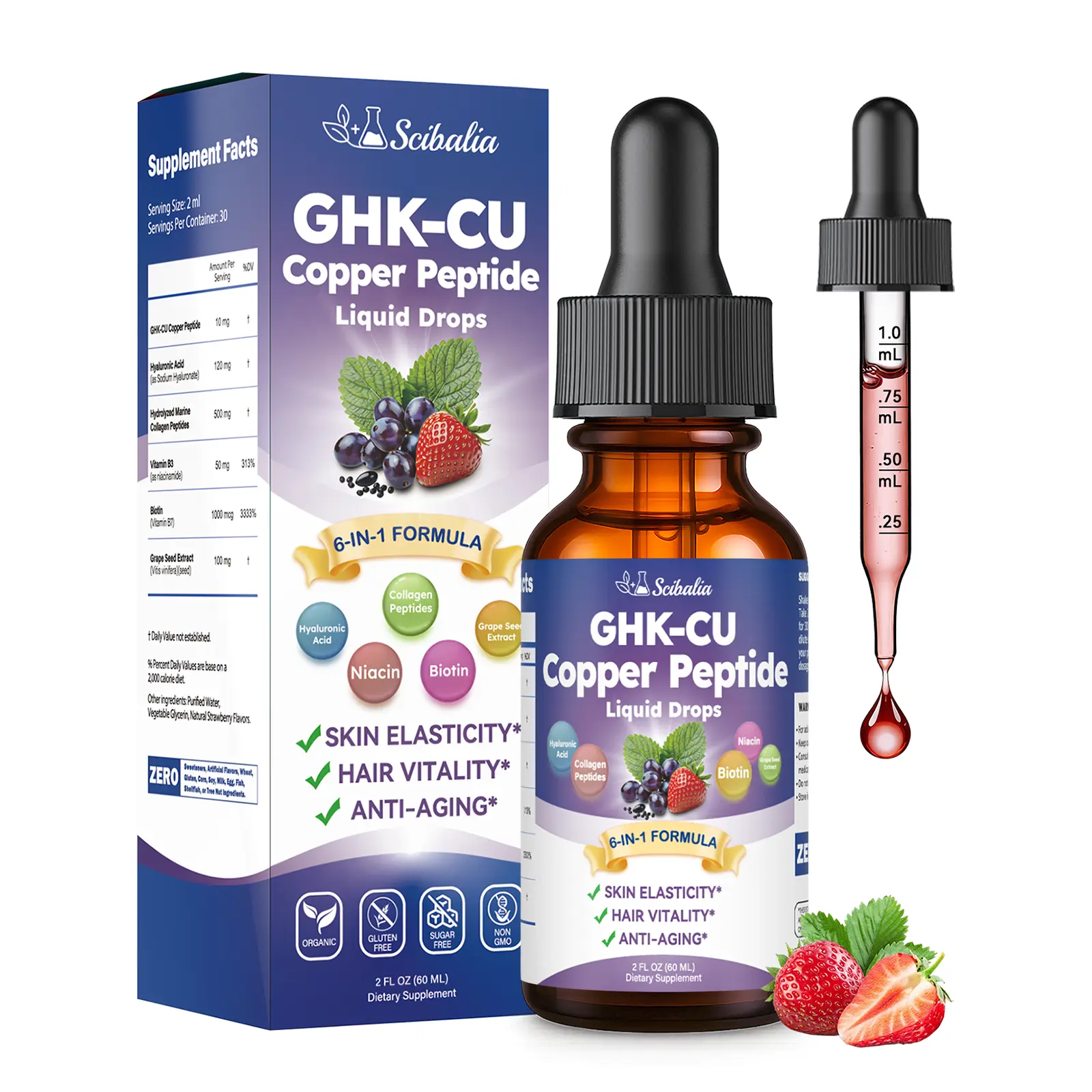 GHK-CU Peptide Supplement Liquid Drops, Premium 6-in-1 GHK CU Copper Peptides w. Marine Collagen Hyaluronic Acid Biotin for Anti-Aging, Skin Hair Growth Support, Oral DropsWomen Men