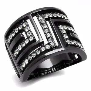 Lanyjewelry Top Grade Non-Natural Crystal Wide Band Ring - Black IP Stainless Steel, Elegant Fashion Stackable Rhinestone Ring for Wedding Stacking, Elegant Fashion Rings