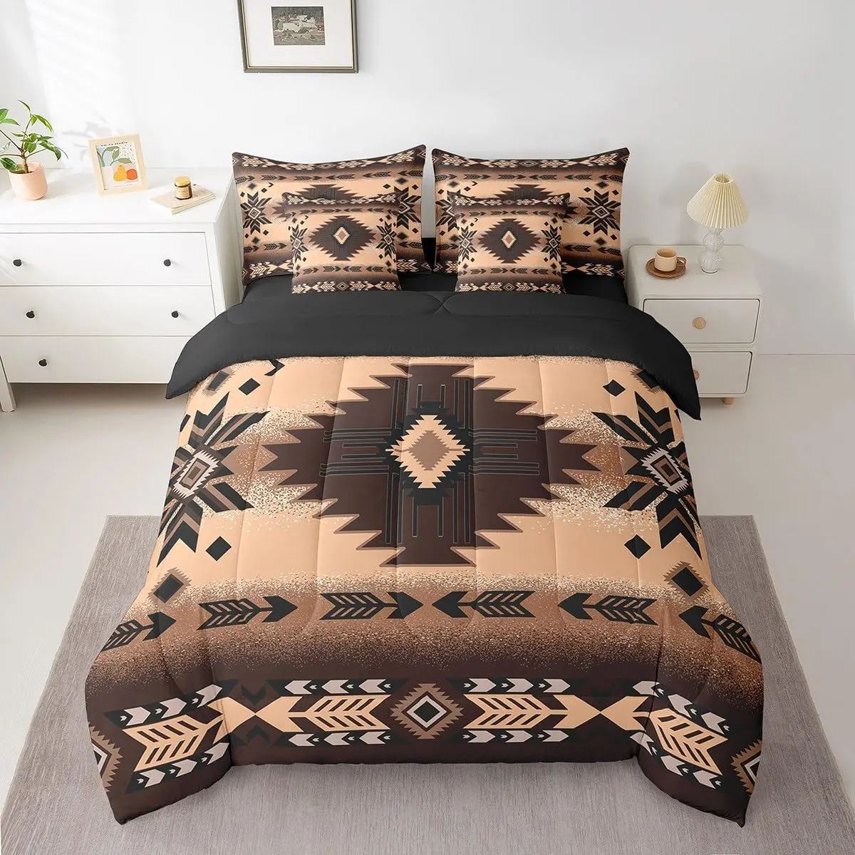 Feelyou 7-Piece Microfiber Bedroom Bedding Set - Boho Western Stuff Decorative Bed-in-a-Bag with Southwestern Geometric Design, Including Comforter, Sheet Set, Pillowcases and Pillow Covers, Boho Bed Set