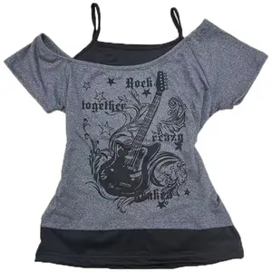 Women's Retro Gothic Rock Guitar Print Spaghetti Strap Cold Shoulder Top, Soft Casual Streetwear Shirt, Year-Round Fashion Blouse,y2k top grunge