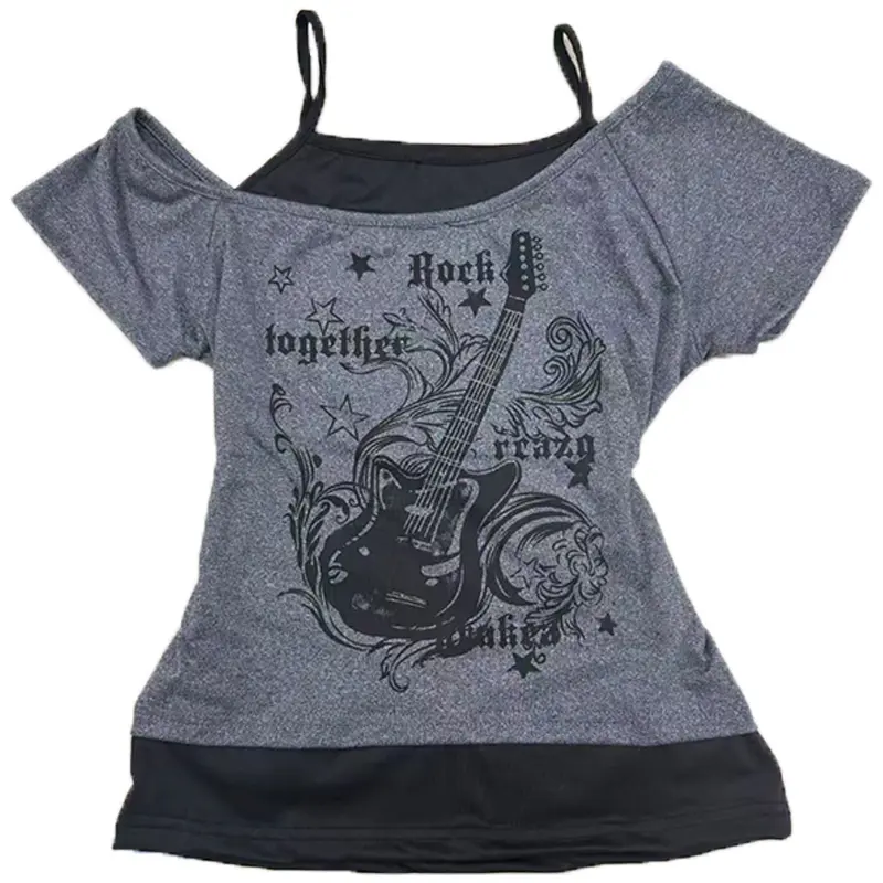 Women's Retro Gothic Rock Guitar Print Spaghetti Strap Cold Shoulder Top, Soft Casual Streetwear Shirt, Year-Round Fashion Blouse,y2k top grunge