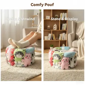 Small transparent zipper storage footstool, suitable for storing small dolls and clothes as household items. A multi-functional, storage-style doll storage box. A novel storage furniture.