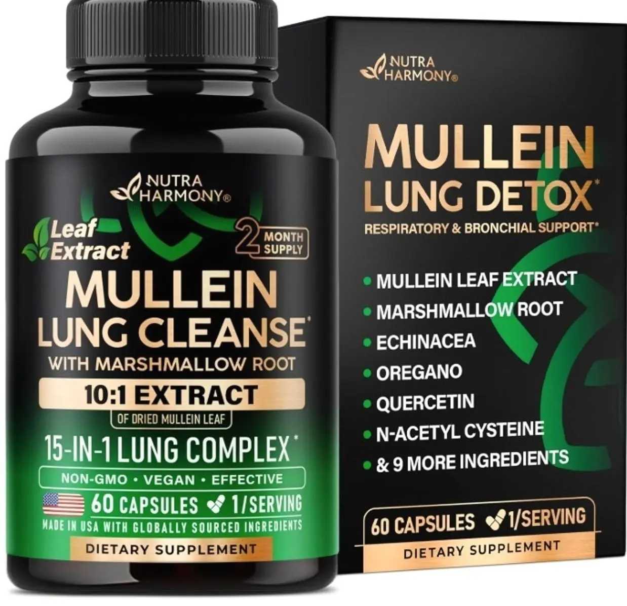 Mullein Lung Detox - Mullein Leaf 10:1 Extract - Marshmallow Root | Echinacea | Oregano | Quercetin | NAC - 15-in-1 Lung Support & Cleanse for Smokers Supplement - Made in USA - As Drops - 60 Capsules