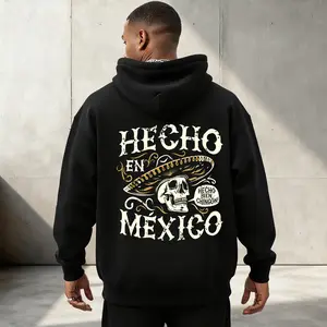 Men's Classic Cotton Long-Sleeve Pullover Skull Calavera Hoodie Sweatshirt - Hecho En Mexico, Warm Soft Fabric, Culturally-Inspired Dark-Colored Mexican Design, Autumn Winter Daily Casual Menswear Top, Calavera Men's Hoodies, Culturally-Inspired Men's Hoo