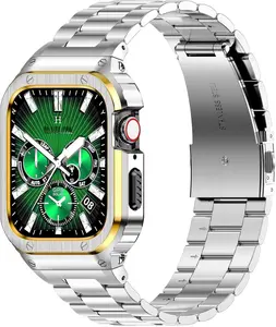 HASLFM Metal Case and Bands Compatible with Apple Watch Series 9/8/7,Stainless Steel Strap and Protector Cover for iWatch,Men Watch Strap for Apple Watch 45mm (Silver/Gold)