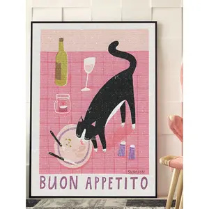 5D DIY Diamond Painting, Diamond Painting Kit, Dreamy Black Cat & Italian Dining Corner Diamond Painting Set, Blushing Pink Background With Tabletop Decor (Buon Appetito Quote), High-Definition Diamond Art, Complete Water-Soluble Diamond Mosaic C